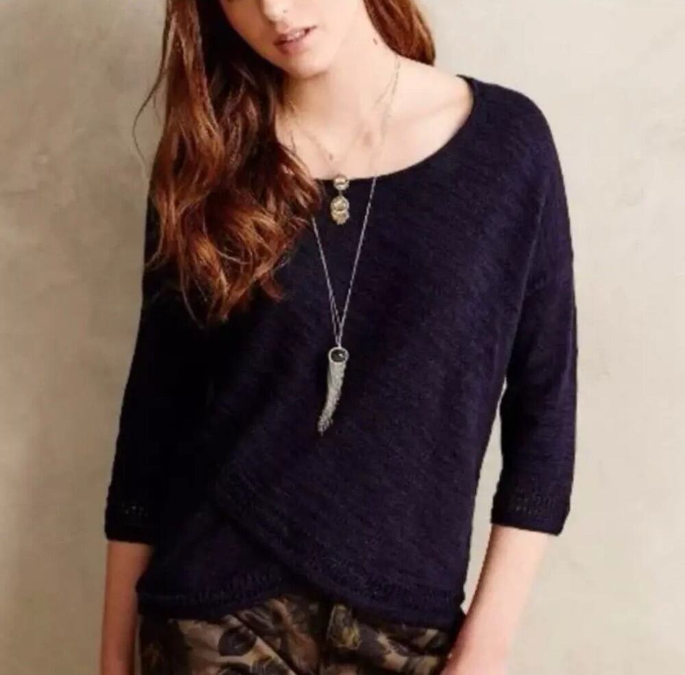 Anthropologie Moth Sweater Women Size S Blue Crossover Crochet Long Sleeve Navy